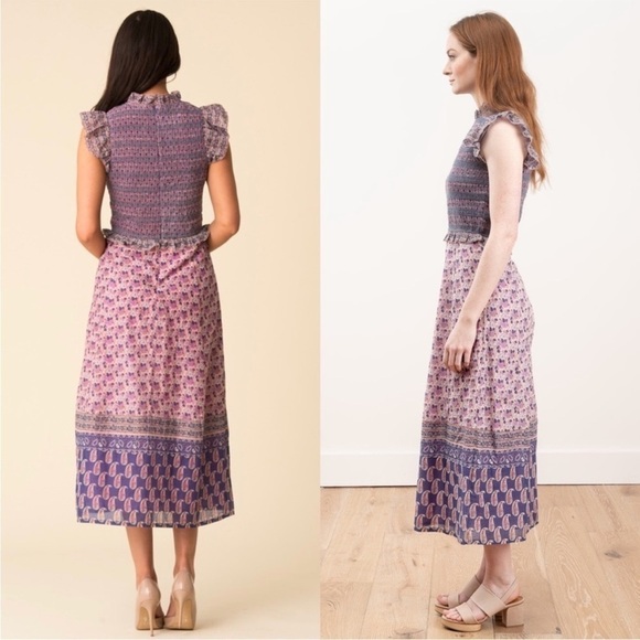 SEA NY Lilac Floral Paisley Stripe Smocked Ruffle Trim Flutter Sleeve Dress 2 - Picture 5 of 14